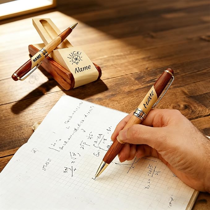 ZFN Custom Wooden Ballpoint Pen Set—personalized engraving names text logos for men mentors friends lawyers doctors teachers students (Beech wood color)