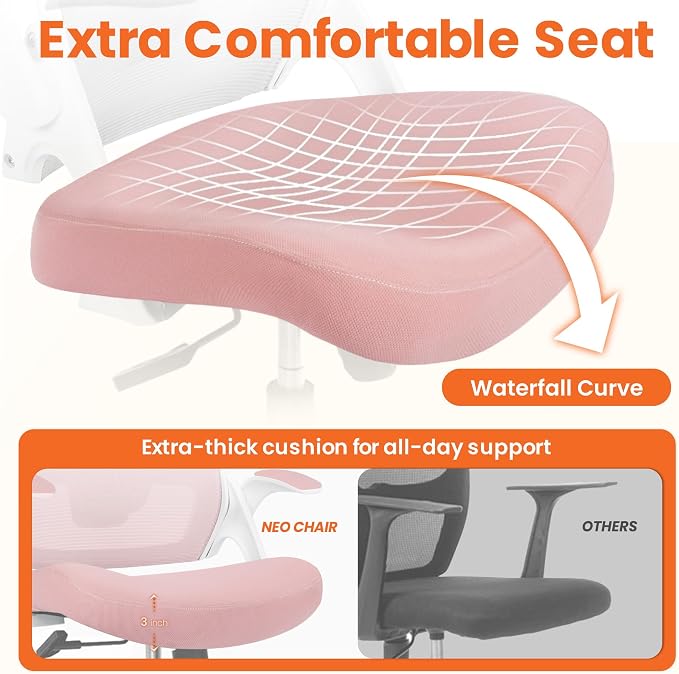 NEO CHAIR Office Desk Gaming Chair Computer High Back Mesh Seat with Rolling Wheels Ergonomic Adjustable Comfy Flip-up Armrests Lumbar Support Height for Home (Pink)
