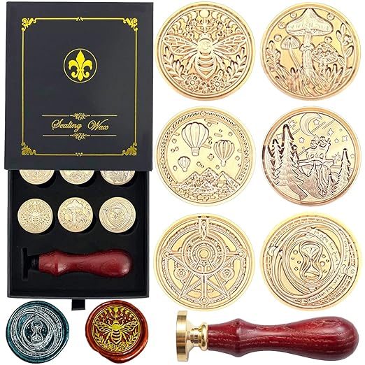 Wax Seal Stamp Hot Stamping Gift Box Set, 6 Pcs Sealing Wax Stamps Copper Seals 1 Wooden Hilt, Wax Stamp Kit for Cards Envelopes, Gift Packaging