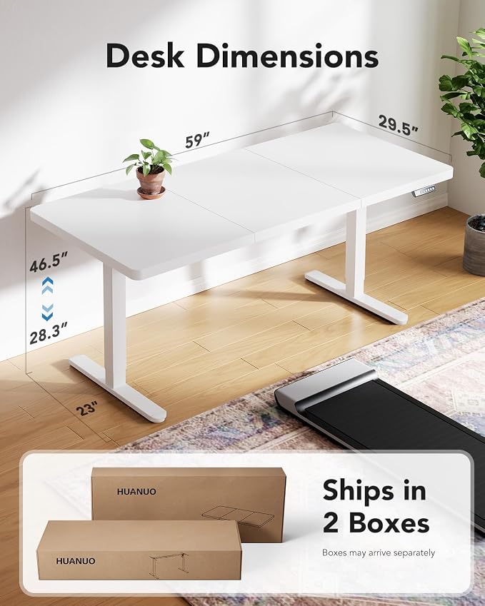 HUANUO 60 x 30 inch Large Standing Desk, Powerful Brushless Motor Large Height Adjustable Table, 4 Memory Preset Stand Up Work Station Sit Stand Desk, Home Office with Thick T-Shaped Frame,White