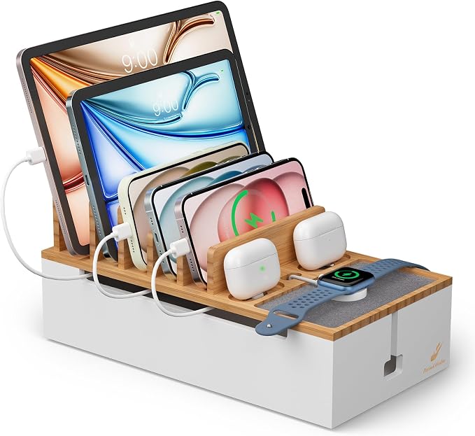 Pezin & Hulin Cable Management Box, Wire Organizer for Cords-Natural+White | Charge Station Box, Desktop Dock Organizer Rack for Electronic Device (Include 6 Cables)(No Power Adapter)
