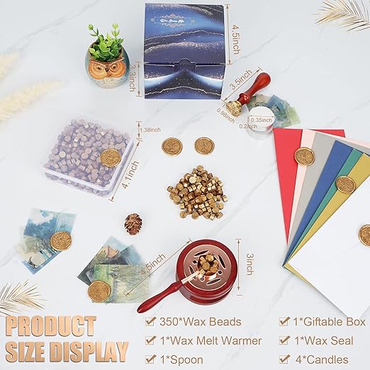 Wax Seal Stamp Kit - 357Pc Set with Wax Beads, Seal Stamp, Warmer, Spoon, Candles - Vintage Envelopes Letters Mailing Crafts Gift (Antique Gold)
