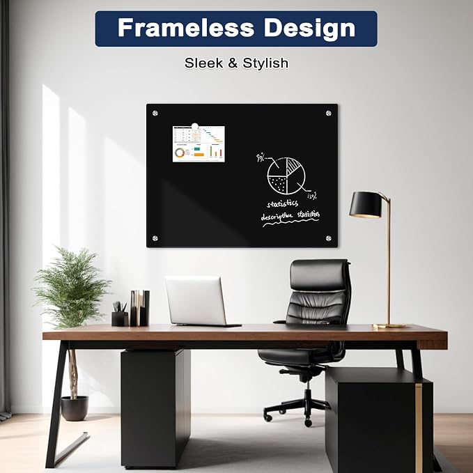 Magnetic Black Glass Dry Erase Board, 4' x 3', Frameless Wall Mount | 48" x 36" Large Glass Whiteboard for Wall, Includes 1 Marker Tray and 6 Magnets, White Board for Office, Home, Classroom