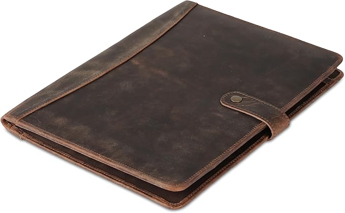KomalC Leather Portfolio Folder with Luxury Pen and Button Closure | Business Padfolio for Professionals | Vintage Organizer with Legal Pad Holder & Card Slots (Distressed Tan)