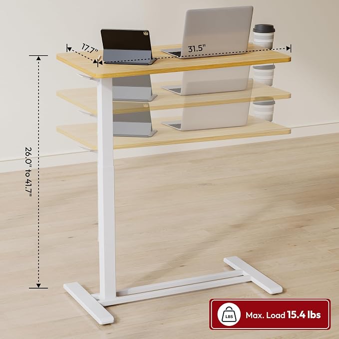SANODESK 32'' Mobile Standing Desk with Hidden Wheels,Pneumatic Laptop Desk | Sofa Computer Cart Movable Height Adjustable Table Small Sit Stand Desk for Home Office Hospital Use,31.5" W x 17.7" D,Maple