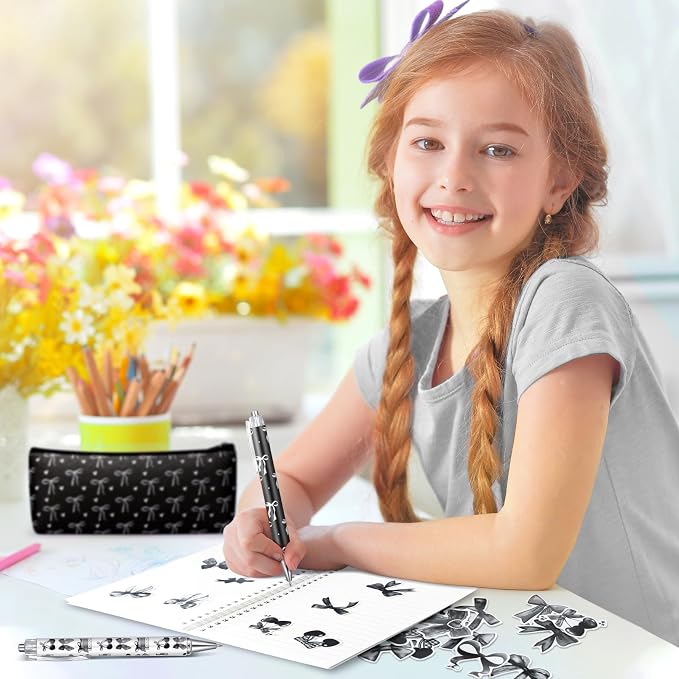 Sayglossy Black Bow Stationery Gift Coquette School Supplies Set Include Pens Aesthetic Journal Notebook Pencil Case and Stickers Preppy Back to School Supplies for Girl Students