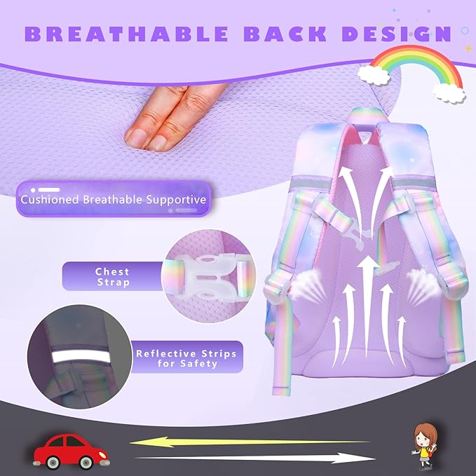 3PCS SET kids backpacks for girls, bookbag for girls backpack with lunch box Pencil Pouch Set back to school supplies for Kid, school backpack for girl Elementary School Student(PURPLE)