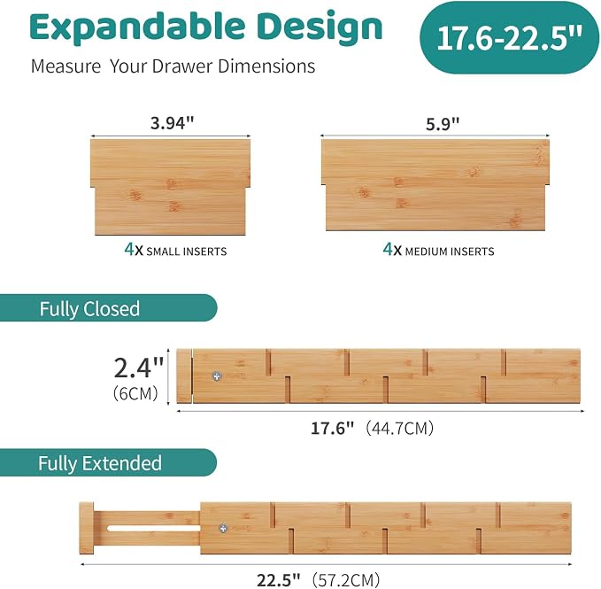 Bamboo Drawer Dividers with Inserts, Kitchen Adjustable Drawer Organizers, Expandable Organization for Home, Dressers, 4 Dividers with 8 Inserts