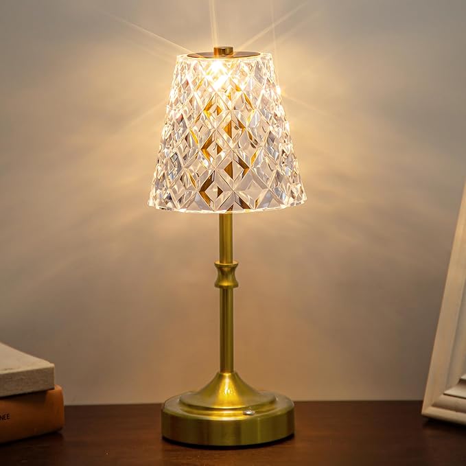 JACKYLED Cordless Lamp Rechargeable, Acrylic Crystal Lampshade, 3 Colors with Built-in Dimmer, 5000 Capactiy Power Operated Wireless Lamp for Kitchen Counter Bedroom Living Room