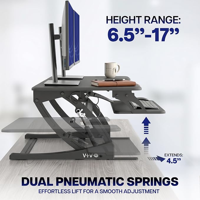 VIVO 54 inch Manual Height Adjustable Large Standing Desk Converter, Quick Sit-Stand Desk Riser, Tabletop Pneumatic Assist Height Adjust 6.5 to 17 inch, Black, DESK-V054V
