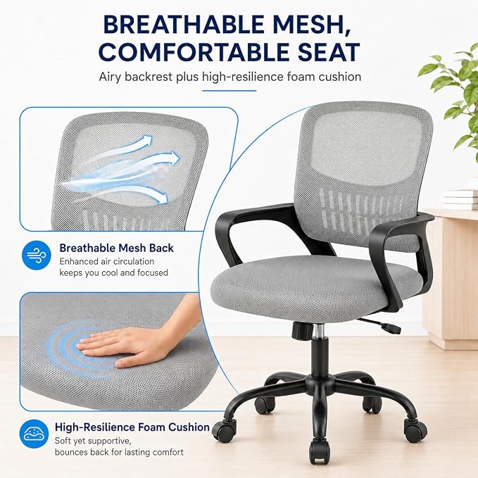 Ergonomic Office Chair, Home Office Desk Chair, Game Chair with Lumbar Support, Breathable Mesh Chairs, Swivel Desk Chairs for Computer, Home, Office, 360° Swivel (Grey)
