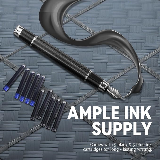 YUNCHUN Carbon Fiber Pen, Medium Nib Fountain Pen for Writing, Fancy Pen Set for Men, Nice Ink Pen with 5 Black & 5 Blue Ink Refills Cartridges, Professional Executive Pen for Work, Black