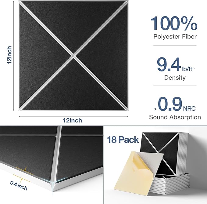 18 Pack Self-Adhesive Acoustic Panels, 12" X 12" X 0.4" X-Line Sound Proof Foam Panels for Walls, High-Density Soundproof Wall Panels for Home & Office (Black on White)