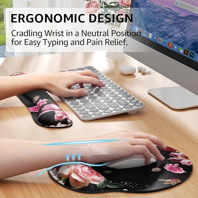 KTRIO Keyboard Wrist Rest & Mouse Pad with Wrist Rest Set, Peony Flower | Memory Foam Wrist Support, Ergonomic Design, Non-Slip Base, Office and Home Use