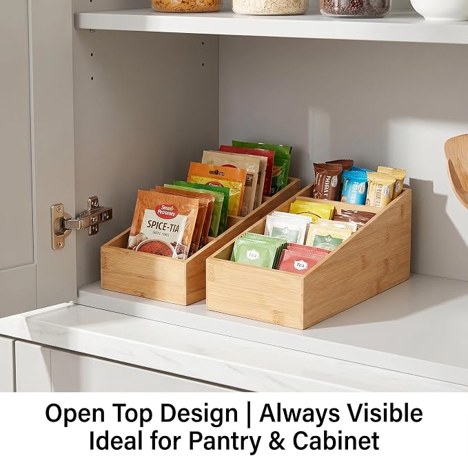 2 Pack Bamboo Food Pantry Organizers, 4 Section | Modular Wooden Storage Trays, Kitchen, Bathroom, Vanity Office Desk, Decluttering Solution, Makeup, Jewelry Office Supplies