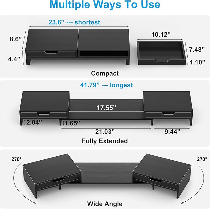 Epesoware Dual Monitor Riser with Two Drawer for Desk, No Assembly Required | Premium Bamboo Dual Monitor Stand with Storage, Desk Monitor Shelf for Computer, IMac & Laptop, Desk Organizer, Black