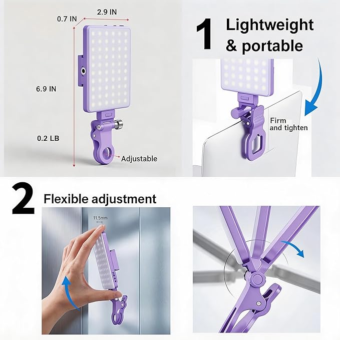 Selfie Light for iPhone-camera light for content creator -portable light-Clip on Light with 3 Mode&10 Brightness Levels, Ring Light for Phone for TikTok-Makeup-video recording-Vlog-Laptop-Purple