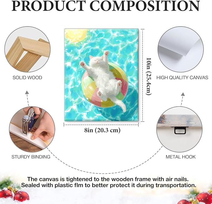 Summer Pool Beach Ball Canvas Wall Decor, Cute Cat Wall Art, Funny White Kitten Floating Water Painting, Aesthetic Animal Wall Art for Bedroom Bathroom Living Room 8x10 Framed