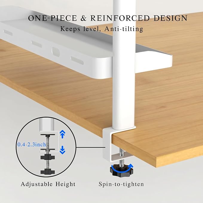 Clamp on Desk Shelf White, 2-Tier Office Desk Shelves Organizer, 17in Small Shelf for Top of Desk with Headphone Holder, Hooks, Desktop Storage Rack for Home Workspace, Study Rooms, Gaming Accessories