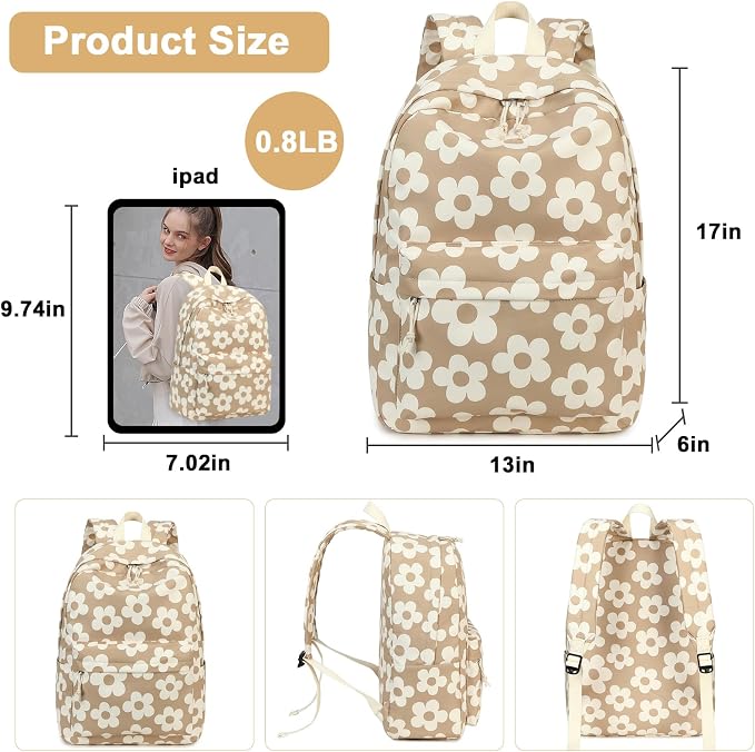 Bluboon Teens Backpack Set Girls School Backpack Lunch Box Pencil Bags Student Bookbags 3 in 1 (Beige Large Flower 157 Brown)