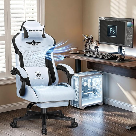 GTPLAYER Gaming Chair with Footrest, Ergonomic Office Chair 400lbs Heavy Duty, Big and Tall Computer Desk Chair with Lumbar Support and Headrest, Breathable Plush Fabric, 90-155° Recline Light Blue