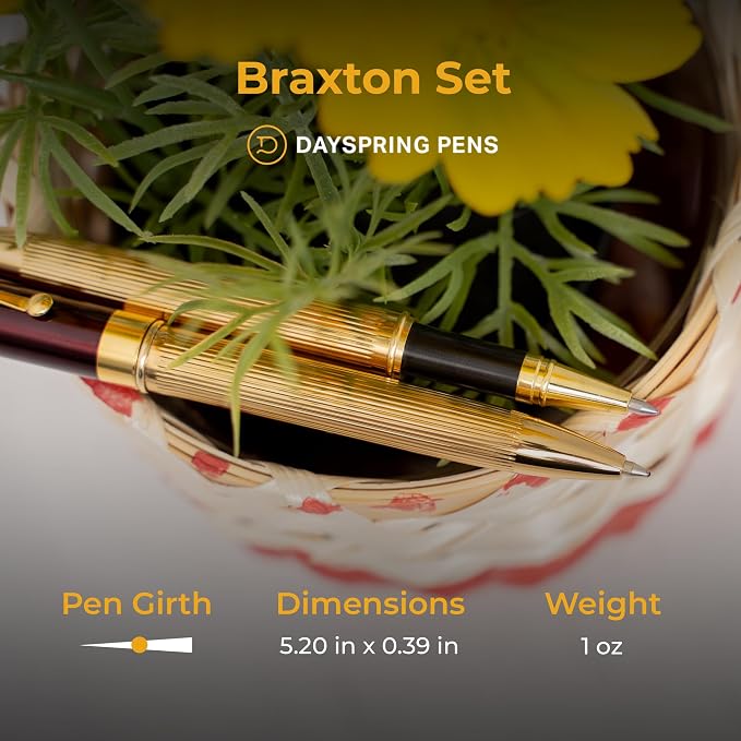 Braxton Engraved Ballpoint and Rollerball Set, Red Lacquer with 18K Gold, Parker G2 and Waterman Refill Compatible, Gift for Graduation, Career Advancement, Retirement, Gift Case Included