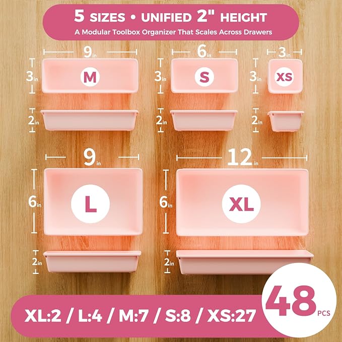[ 48PCS & 5 Sizes ] Tool Box Organizer Tray, Toolbox Drawer Organizer with Non-Slip Pads, Desk Drawer Divider Set, for Vanity, Desk, Bathroom, Kitchen, Dresser and Home Office Drawers