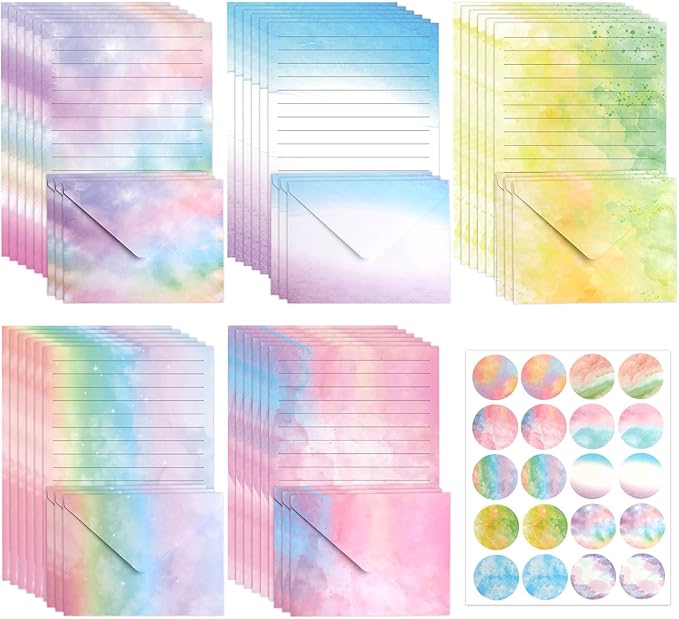 45 Stationary Letter and Envelopes: 30 Watercolor Stationery Paper&15 Envelopes, Lined Stationery Paper and Envelopes Set,Stationary Paper and Envelopes Set,Letter Writing Stationery Sets