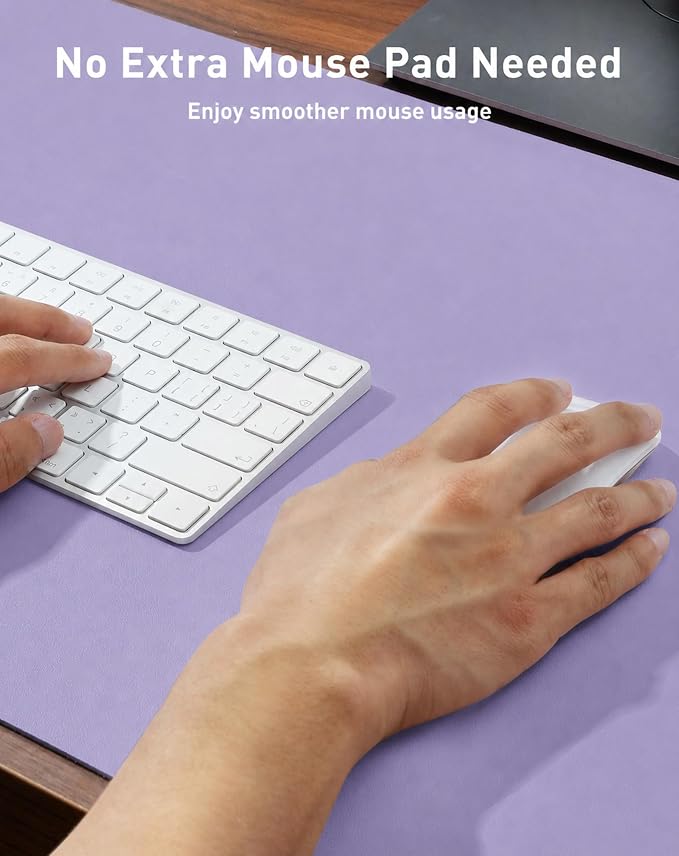 Aothia Faux Leather Desk Mat – Large Desk Pad & Mouse Pad, Smooth Writing Surface, Waterproof Desk Protector, Suede Back, Office & Home (Light Purple, 42" x 17")