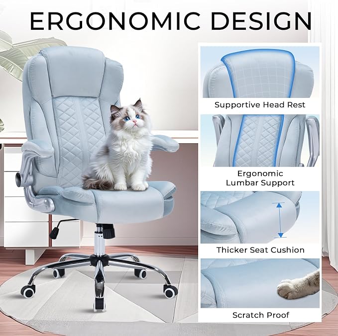 400lbs Executive Office Chair with Flip-Up Armrests, Big and Tall Computer Chair for Heavy People, Heavy Duty Ergonomic Comfy Chair, Breathable Plush Velvet (Blue)