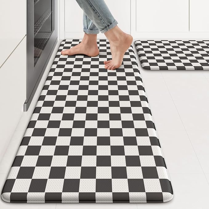 KIMODE Anti Fatigue Kitchen Mat for Floor, Checkered Kitchen Rugs Sets of 2 | Black and White Kitchen Floor Mats Non-Slip, Cushioned Standing Desk mat for Sink Laundry Office Dormitory RV 17"x47"+17"x29"