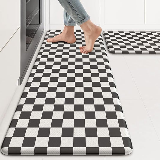 KIMODE Anti Fatigue Kitchen Mat for Floor, Checkered Kitchen Rugs Sets of 2 | Black and White Kitchen Floor Mats Non-Slip, Cushioned Standing Desk mat for Sink Laundry Office Dormitory RV 17"x47"+17"x29"