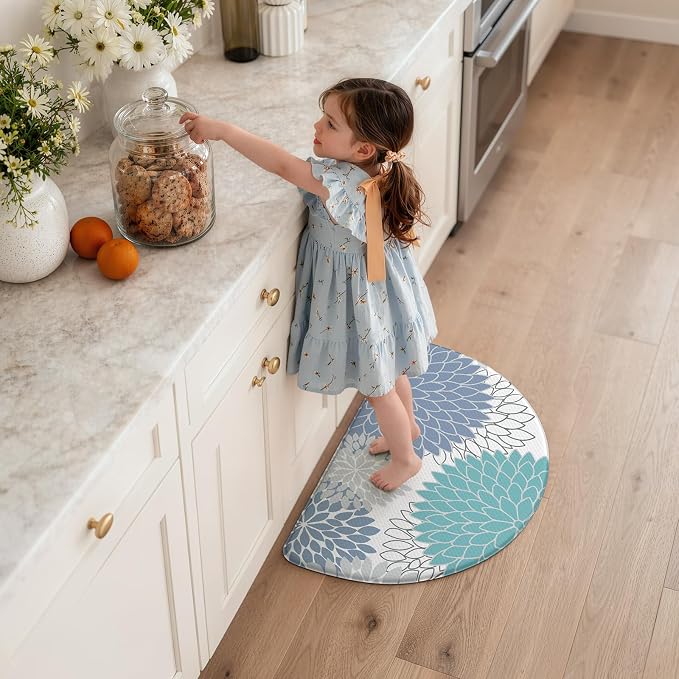 KIMODE Half Circle Kitchen Mats for Floor Cushioned Anti Fatigue Semi Round | Half Round,28"x18",Dahlia Boho,Blue White,Kitchen Rug Non Slip ,Waterproof Sink Floor Mat Carpet Decor for Laundry Bathroom