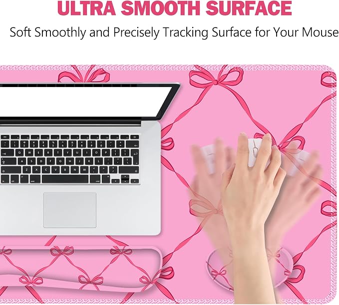 ToLuLu Large Mouse Pad Desk Pad Set, Wrist Rest Support Desk Mat for Keyboard Mouse, 4PCS 35.4”x15.7 XXL Giant Mouse Pad, Non-Slip Base Stitched Edges Mousepad Office Desk Decor, Hot Pink Bow