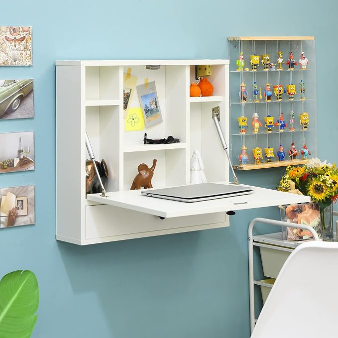 Tangkula Wall Mounted Desk, Pneumatic Floating Laptop Desk with Magnetic Foldable Tabletop, Space Saving Wall Mounted Table Wall Desk with Storage Drawer and Shelves (White)