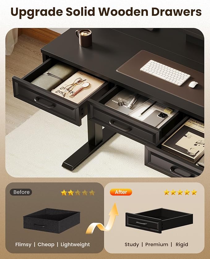 OffiGo 48 Inch Electric Standing Desk, Black, 3 Wood Drawers, Monitor Stand | 3 Outlets & 2 USB Ports, 20 LED Modes, 3 Memory Heights, 29.9"-46.1" in Range, Cable Management Tray, 154 lb Capacity