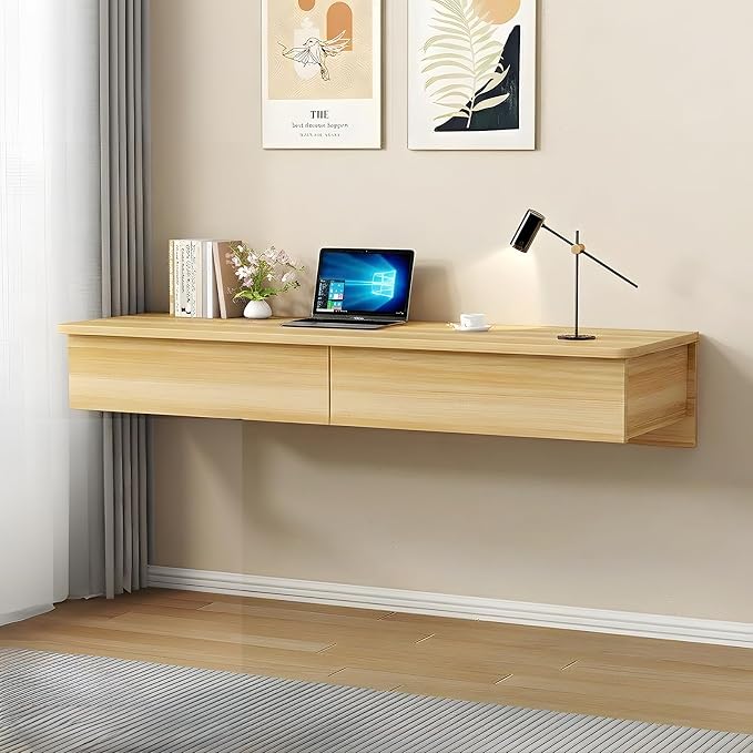Floating Desk with Drawers, Wood Wall Mounted Desk, Floating Makeup Vanity, Space Saving, Sturdy and Stable, Floating Table for Living Room, Bedroom, Home, Office, Wood Color