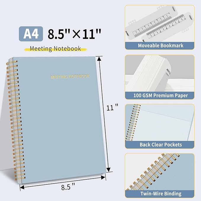 SUNEE Half Meeting Half Note - 8.5"x11" Professional Notebooks for Work - 160 Pages, A4 Size Project Planner, Spiral Meeting Agenda/Minutes Organizer for Women, Note Taking, Office&Business, Blue