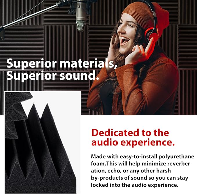 FONESO Acoustic Panels, High Density Soundproof Foam Panels, Fire Resistant Sound Absorbing Acoustic Foam Panels for Studio Recording, Black 1"x12"x12" 12 Pack with Adhesive