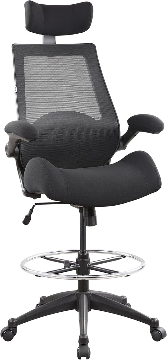 BOLISS Drafting Tall Office Chair 400lbs High Back Wide Standing Desk Chair Comfortable with Flip up Armrests Lumbar Support Adjustable Big Footrest Ring(Black)