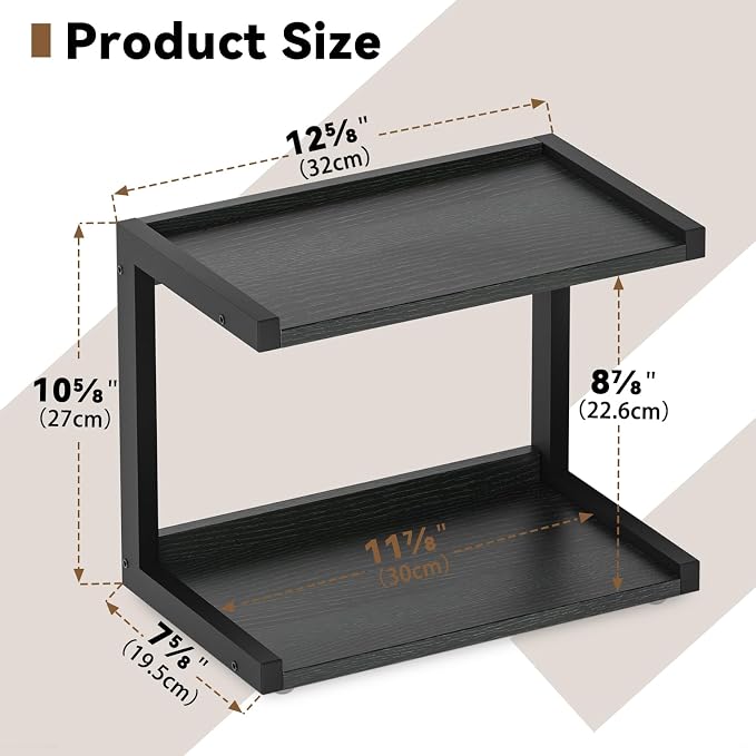MARTY Kitchen Counter Shelf Organizer, 2 Tier Coffee Station/Bar Organizer | Spice Rack for Countertop, Mugs Cups, Desk Shelf Riser, Bathroom Counter Organizer, Wood+Metal, Black
