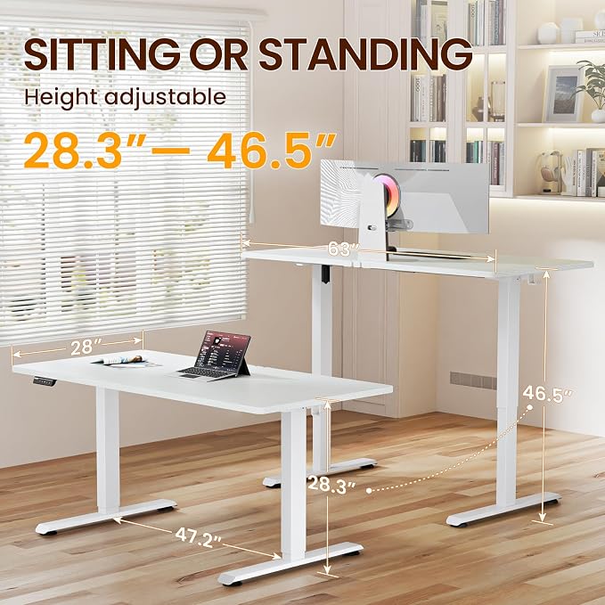 Veken 63" x 28" Super Large Standing Desk, Height Adjustable Electric Computer Desk, Sit to Stand Up, Modern Workstation for Home Office, Walking Pad, Writing, Gaming Bedroom Study, White