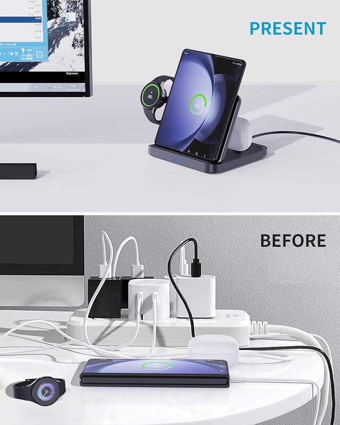 for Samsung Z Fold 6/5 Wireless Charger Station, 3 in 1 Foldable Fast Charging Stand Dock for Galaxy Z Fold 4，Flip 6/5, S23/S22, Note20/10 Ultra, Watch 6/5/Pro/4/3, Earbuds 2/2 Pro/Live