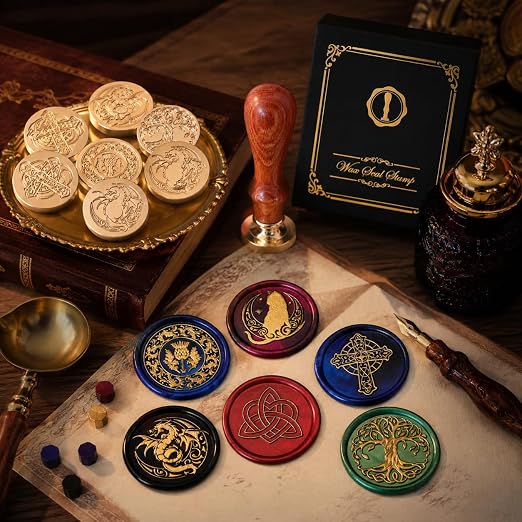 SWANGSA Celtic Wax Seal Stamp Kit with 450pcs Sealing Wax Beads, 2 Pens and Spoon for Wedding, Invitations, Cards, Envelope, Christmas