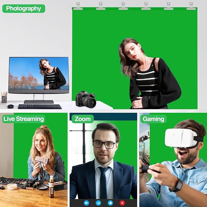 5x10ft Green Screen Backdrop Kit with Stand, Portable Greenscreen Background Includes Foldable T-Stand, 6 Clips and Carry Bag for Streaming, Gaming, Meeting, Video Production, Photography