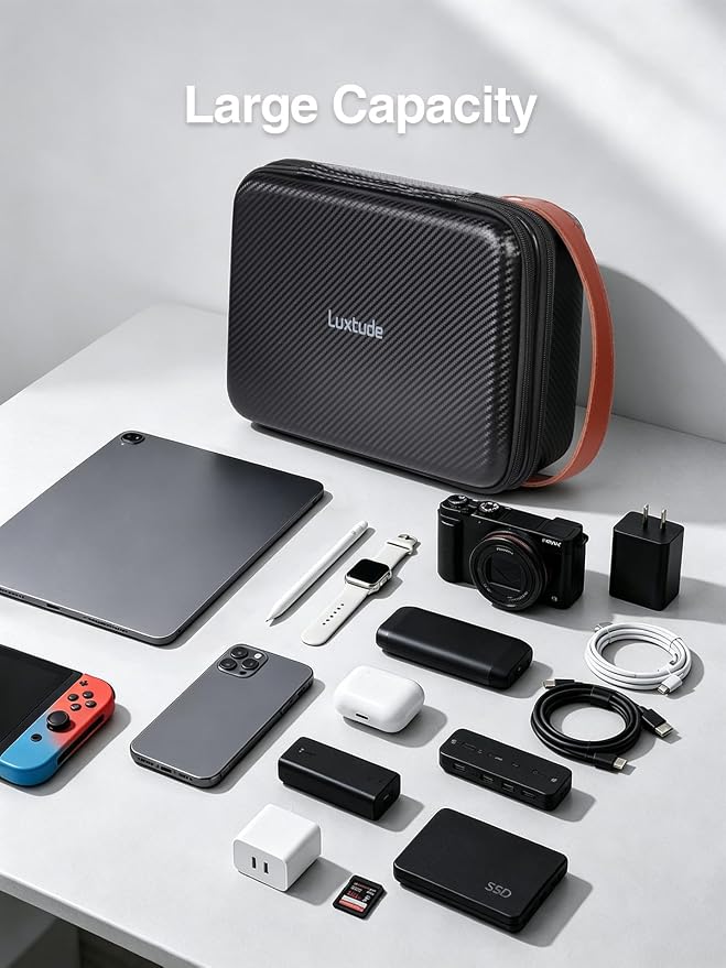 Large Electronics Organizer Travel Case for Chargers and Cords, Waterproof Hard Case for Electronics, Travel Essentials for Chargers/Mouse/USB Drives/SD Cards, Tech Gifts (Case Only)