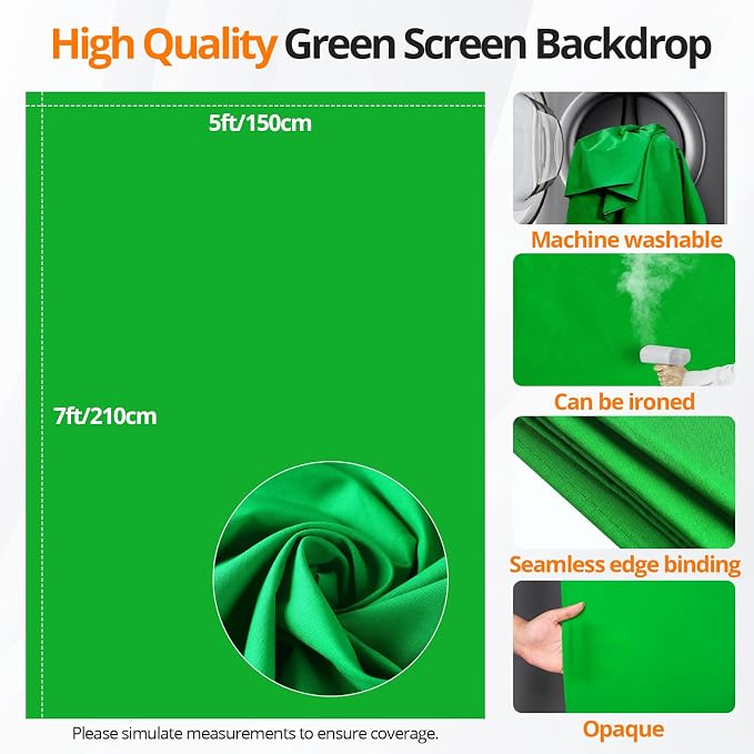 Green Screen Backdrop Kit, 5×7ft Portable Greenscreen Background with Adjustable T-Shaped Stand, 5 Clamps, Carrying Bag for Parties, Streaming, Photography, Zoom, Gaming, Video Studio