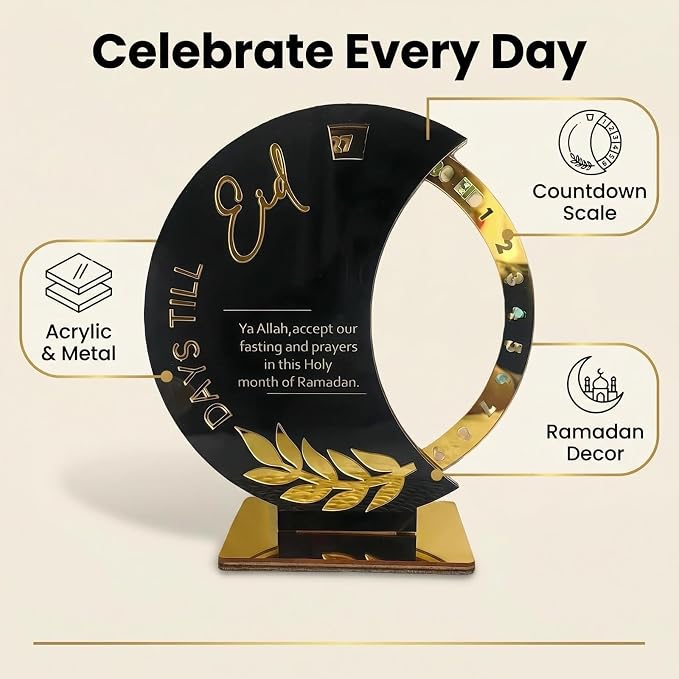 Ramadan Countdown Calendar - Elegant Acrylic Circle with 30 Day Flips, Eid Mubarak Home Table Decor, Islamic Festival Gift & Celebration Reminder for Family (Countdown Calendar-Black)