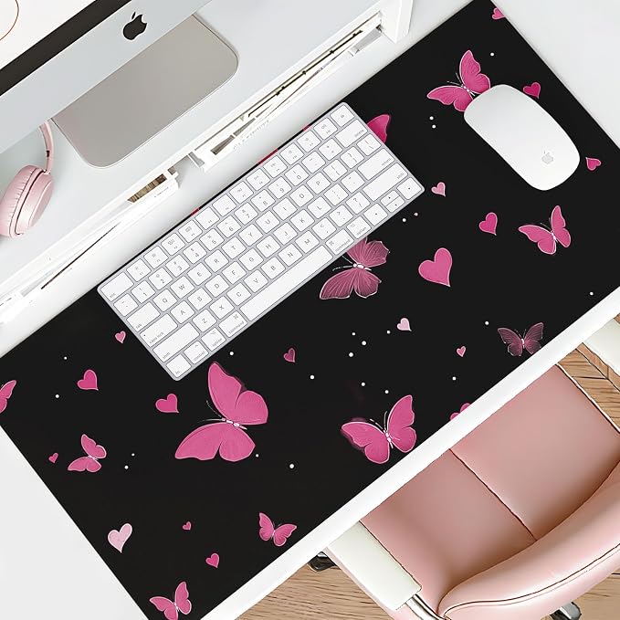 Mouse Pad Leather Desk Mat Large Keyboard Cute Office Desktop Computer Laptop XXL Long Big Aesthetic Modern Design Women Girls Gaming Gamer Oversized Wide Mousepad 31.5"x15.7", Pink Butterfly