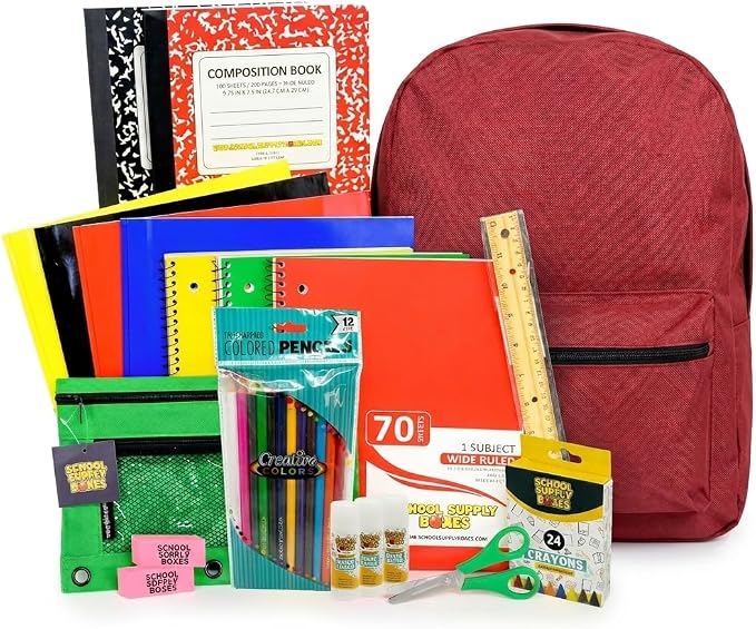 School Supply Boxes | 17" Assorted - Solid Color Backpack Bundle Pallet (180 Backpacks) for Elementary School | Back to School Bookbag with Supplies | Contains Crayons, Colored Pencils, Ruler, & More